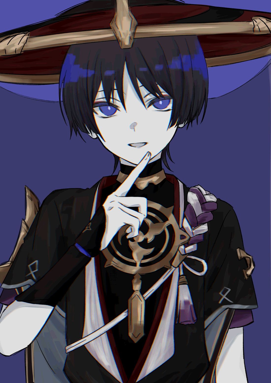 1boy, armor, blue_eyes, finger_to_mouth, genshin_impact, hat, highres, ij_xcm4o