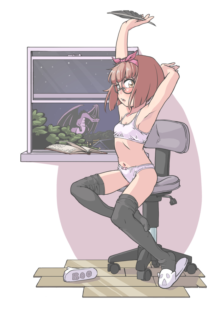 1girl, arm_above_head, arm_behind_head, black_legwear, blush, bookmark, bow, bow_panties