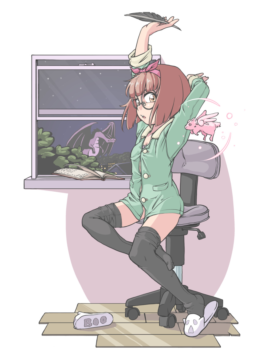1girl, arm_behind_head, arm_up, black_legwear, bookmark, bow, breasts, brown_hair