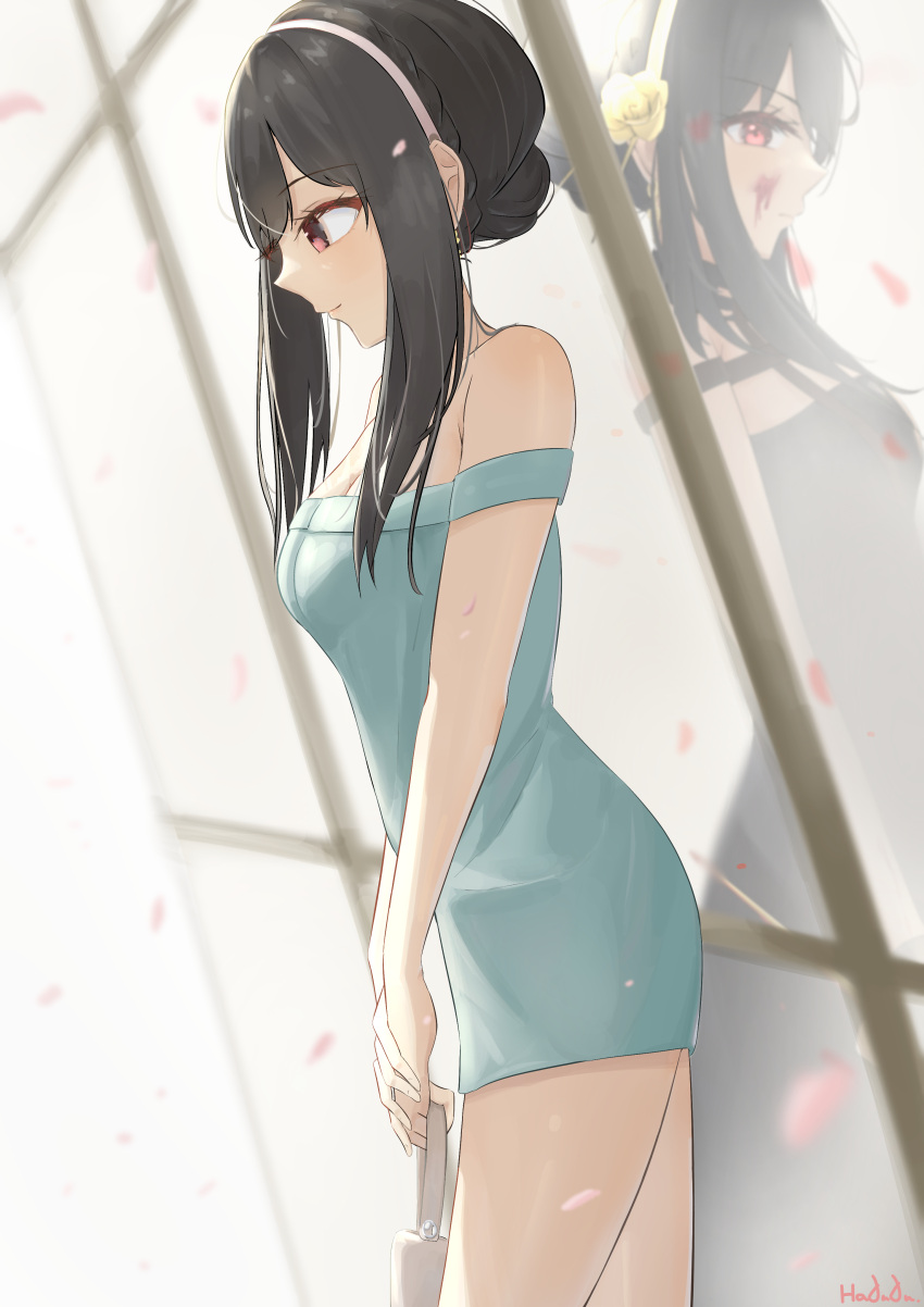 1girl, absurdres, bare_shoulders, black_dress, black_hair, blood, blood_in_hair, blood_on_face