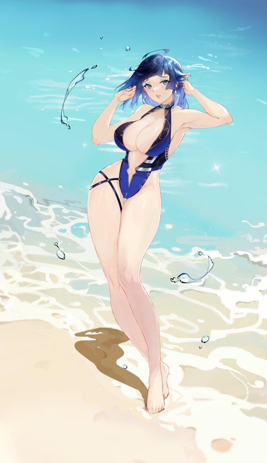 1girl, absurdres, ahoge, armpits, bangs, bare_arms, bare_legs, bare_shoulders, barefoot, beach, blue_eyes, blue_hair, blunt_bangs, breasts, chinese_commentary, commentary_request, full_body, genshin_impact, hands_up, highres, large_breasts, looking_at_viewer, ocean, outdoors, parted_lips, shadow, short_hair, solo, standing, water, wudiyuzhouxiaohuanxiong, yelan_(genshin_impact)