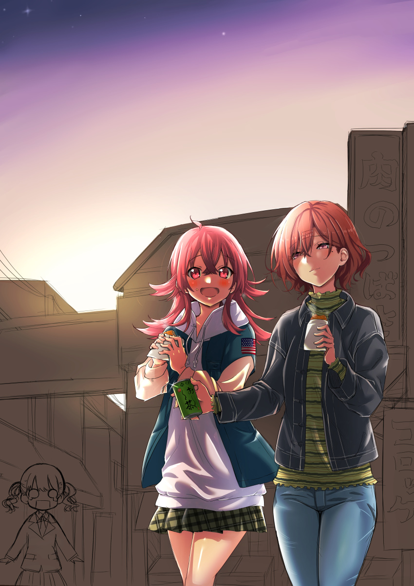 0_0, 3girls, absurdres, ahoge, aki_(pixiv57498743), american_flag, bangs, black_jacket