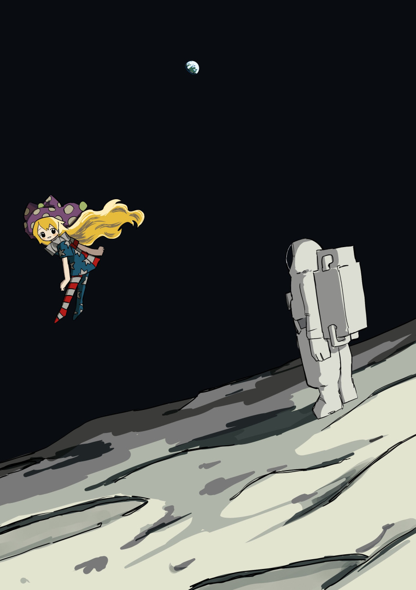 1girl, 1other, absurdres, american_flag_dress, american_flag_pants, bangs, black_eyes, black_sky, blonde_hair, blush, closed_mouth, clownpiece, commentary_request, dress, earth_(planet), eyebrows_visible_through_hair, flying, hair_between_eyes, hat, highres, jester_cap, long_hair, looking_at_another, looking_back, moon, neck_ruff, neruzou, night, night_sky, pants, planet, polka_dot, purple_headwear, short_sleeves, sky, smile, space, spacesuit, standing, star_(symbol), star_print, striped, striped_dress, striped_pants, teeth, touhou, white_pants