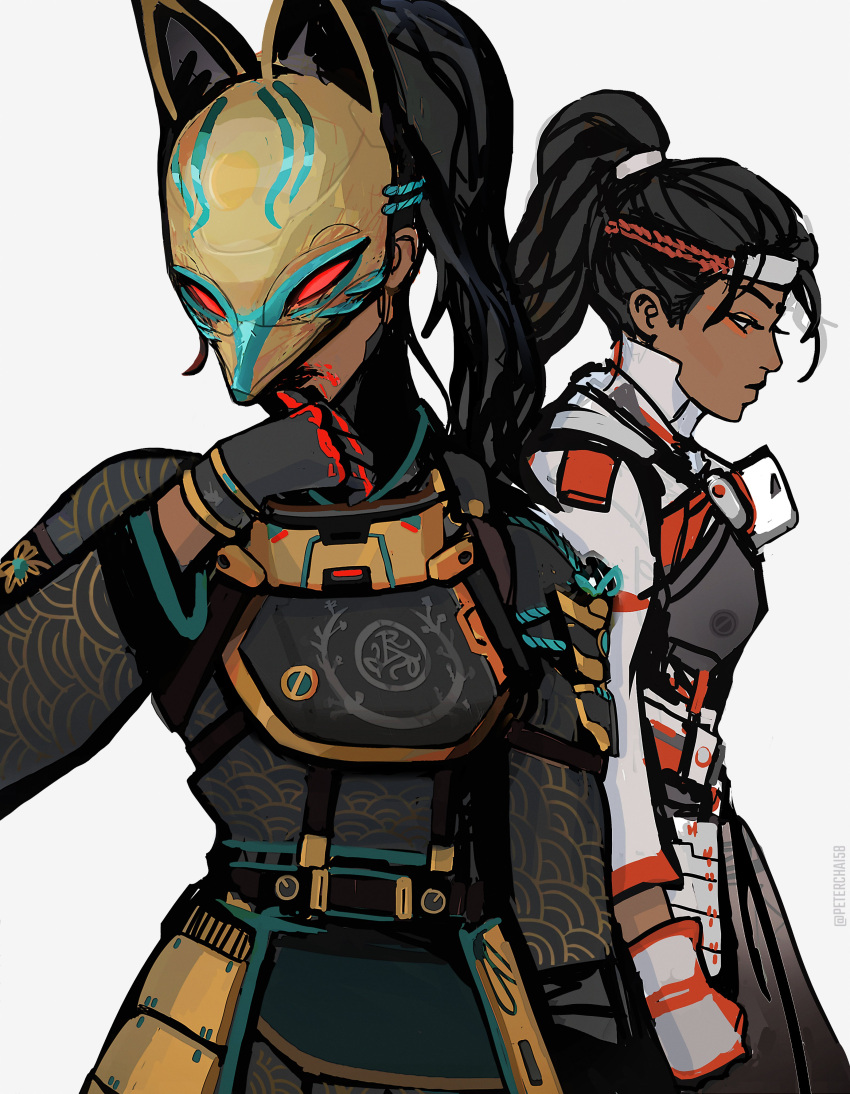 2girls, absurdres, apex_legends, artist_name, black_gloves, black_jacket, blood, blood_on_face