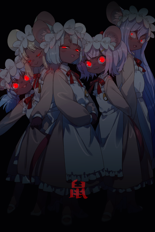 5girls, animal_ears, apron, bangs, black_background, blonde_hair, breasts, daikokuten_(fate)