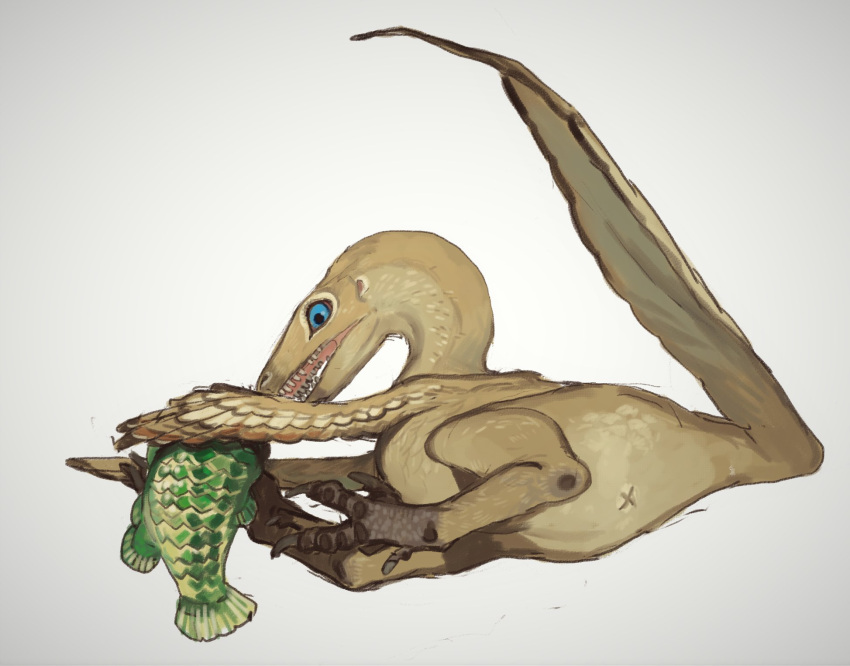 animal_focus, archaeopteryx, dinosaur, fish, from_side, grey_background, highres, mossacannibalis, no_humans, original, simple_background, white_background, x_anus