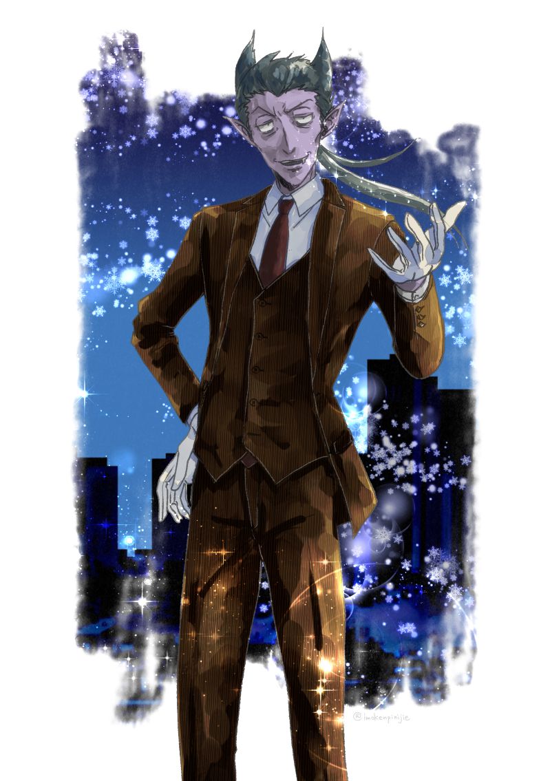 1boy, black_hair, brown_suit, draluc_(kyuuketsuki_sugu_shinu), fang, formal, gloves, imokenpinijie
