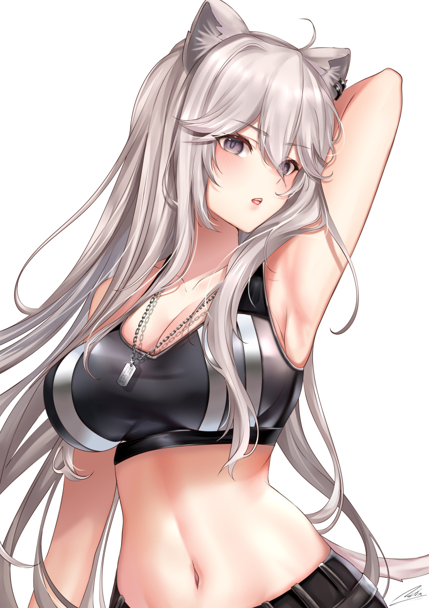 1girl, absurdres, ahoge, animal_ears, arm_behind_head, arm_up, armpits, bangs, breasts, dog_tags, eyebrows_visible_through_hair, grey_eyes, grey_hair, hair_between_eyes, highres, hololive, large_breasts, lion_ears, long_hair, midriff, navel, nyctea_snow, official_alternate_costume, open_mouth, shishiro_botan, signature, sports_bra, upper_body, virtual_youtuber, white_background