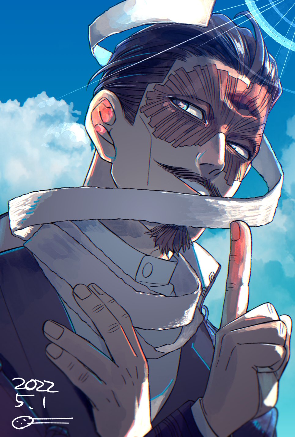 1boy, black_hair, brown_eyes, dated, day, facial_hair, golden_kamuy, hair_slicked_back