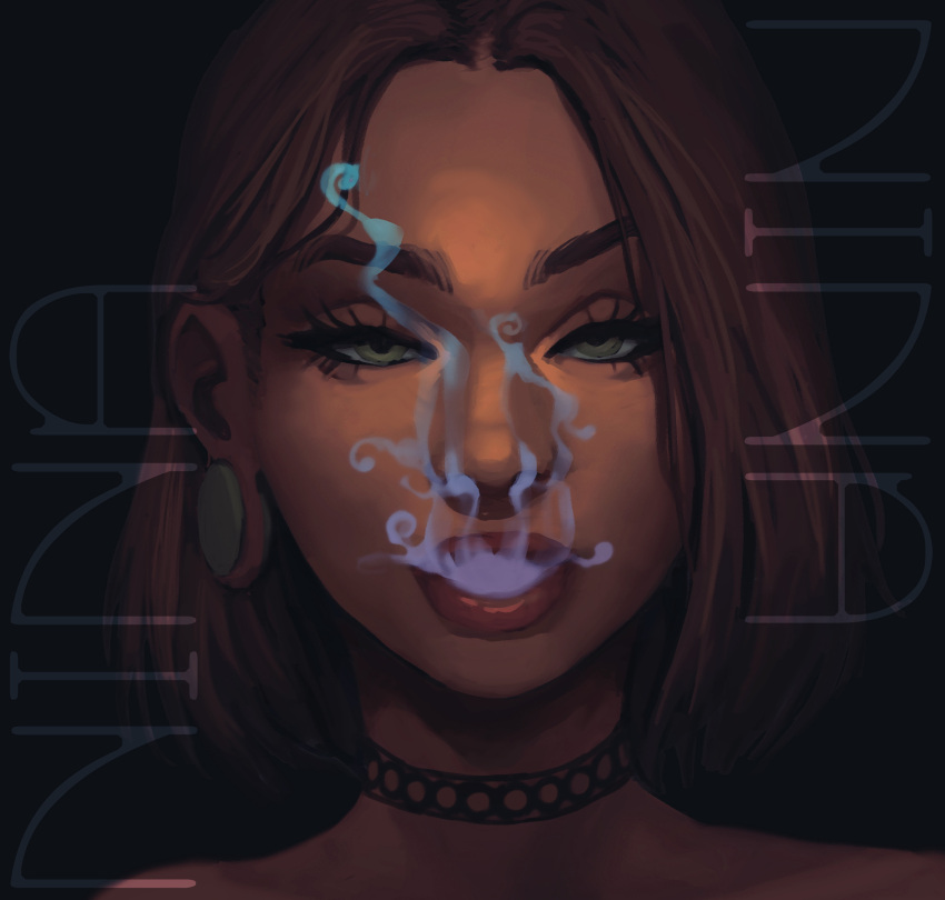 1girl, absurdres, bob_cut, brown_hair, character_name, choker, close-up, dark-skinned_female