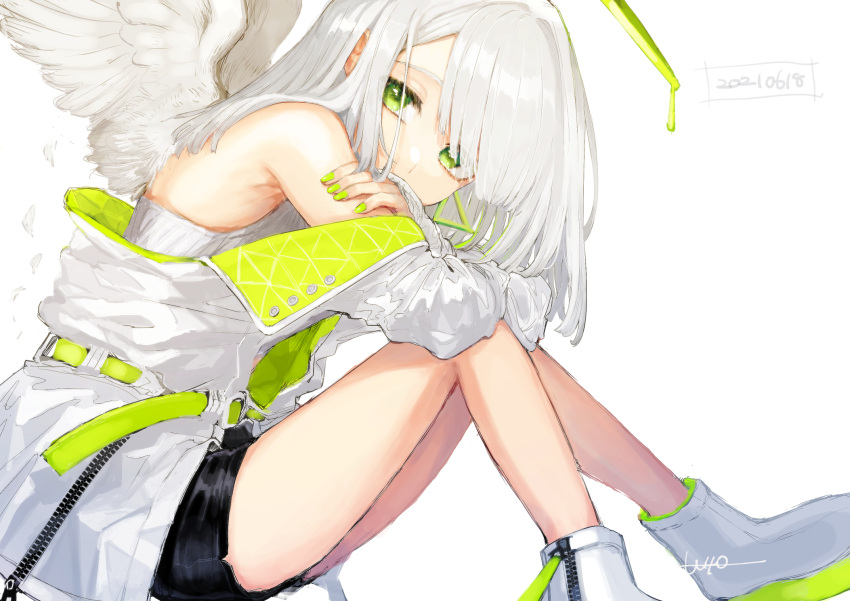 1girl, bangs, bare_shoulders, black_shorts, boots, copyright_request, covered_mouth, dated