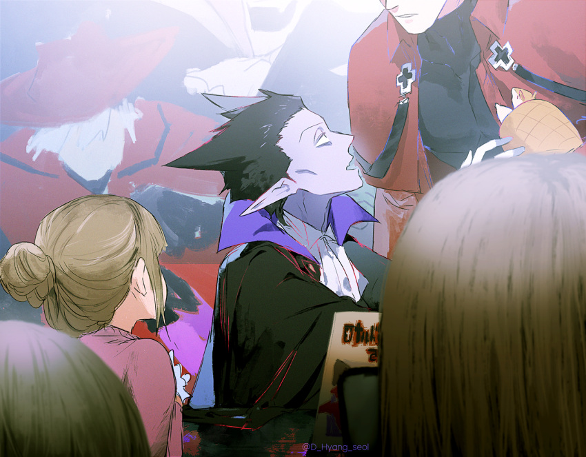 2boys, 3girls, animal, artist_name, ascot, black_hair, brown_hair, cape
