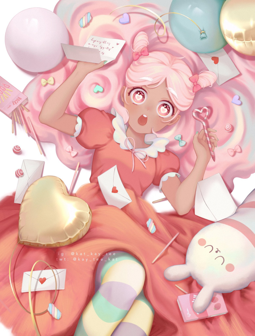 1girl, balloon, bangs, bow, candy, chestnut_mouth, cookie_run, cotton_candy_cookie