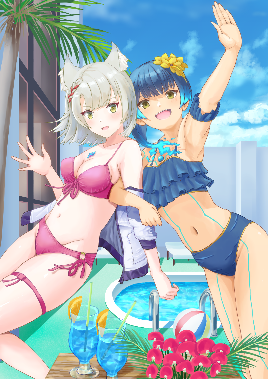 2girls, alternate_costume, bikini, blue_hair, breasts, chest_jewel, fiery_hair, flat_chest, glowing_lines, highres, mio_(xenoblade), multiple_girls, navel, sawayakakatsu, sena_(xenoblade), small_breasts, swimsuit, xenoblade_chronicles_(series), xenoblade_chronicles_3, yellow_eyes