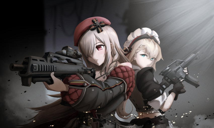 2girls, assault_rifle, beret, blonde_hair, braid, braided_bangs, fingerless_gloves, g36_(girls'_frontline)