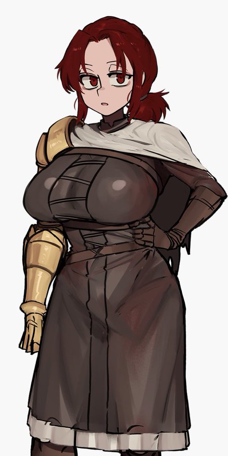 1girl, alternate_breast_size, breasts, brown_tunic, elden_ring, hand_on_hip, large_breasts, mano_(manobece)