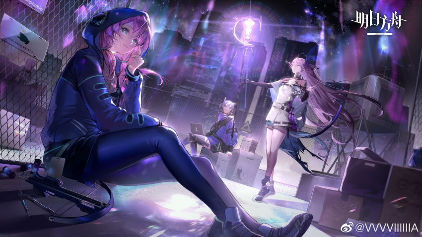 arknights, blue_eyes, blue_jacket, blue_poison_(arknights), city, closed_eyes, closed_mouth, glaucus_(arknights)