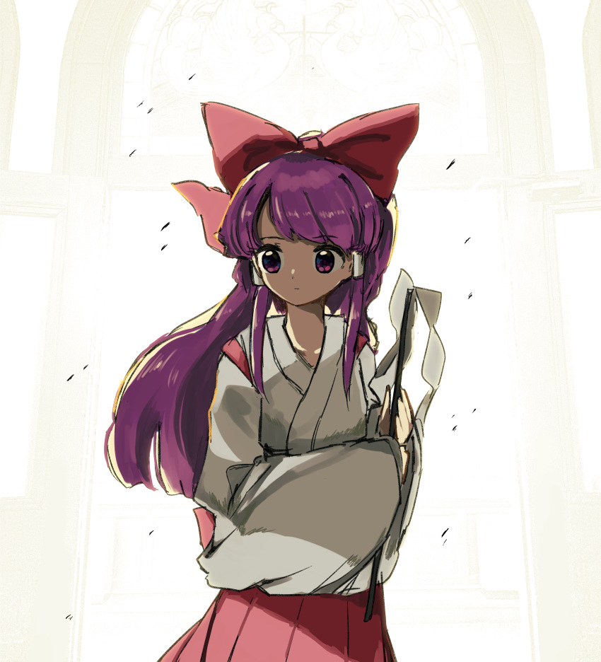 1girl, absurdres, bow, commentary_request, cowboy_shot, detached_sleeves, gohei, hair_tubes