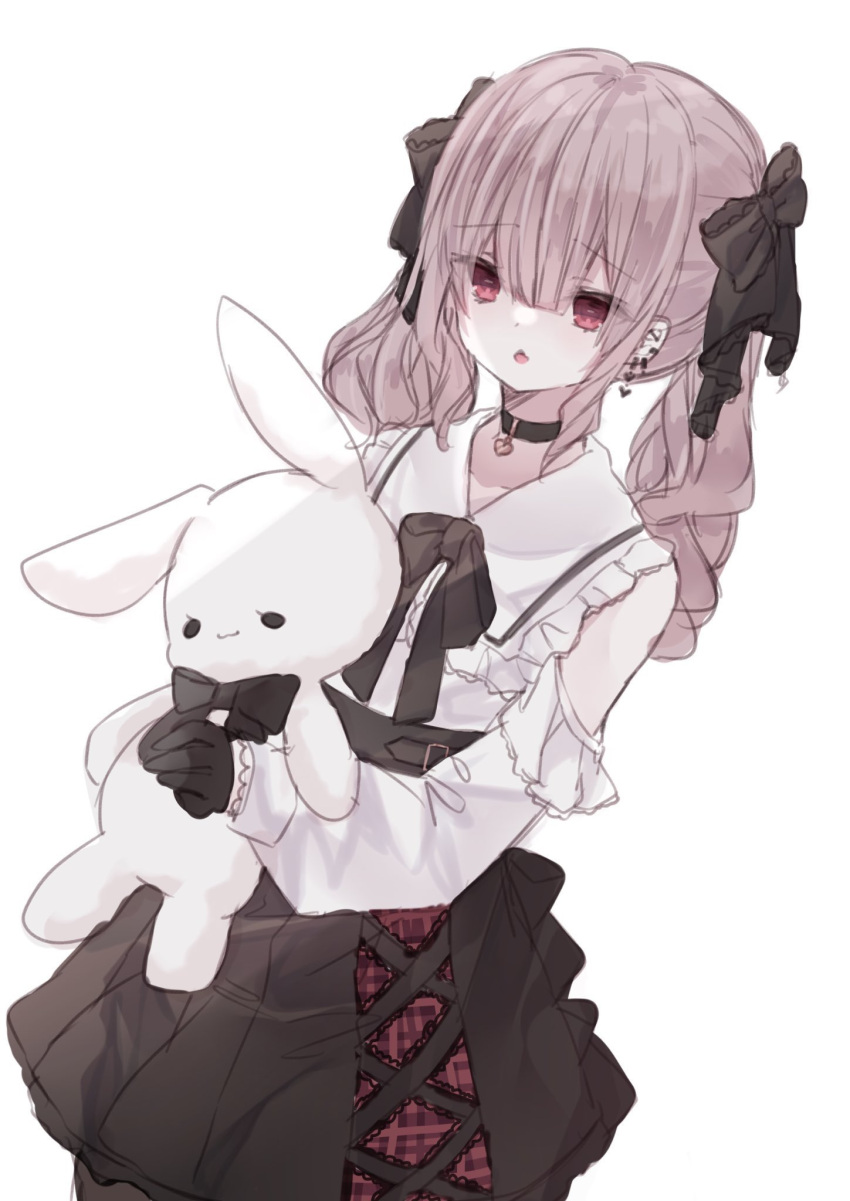 1girl, bangs, black_bow, black_collar, black_skirt, bow, collar, cxoxrxu, earrings, eyebrows_visible_through_hair, hair_bow, heart, highres, holding, jewelry, long_sleeves, looking_at_viewer, medium_hair, open_mouth, original, pink_hair, rabbit, shirt, simple_background, skirt, solo, white_background, white_shirt