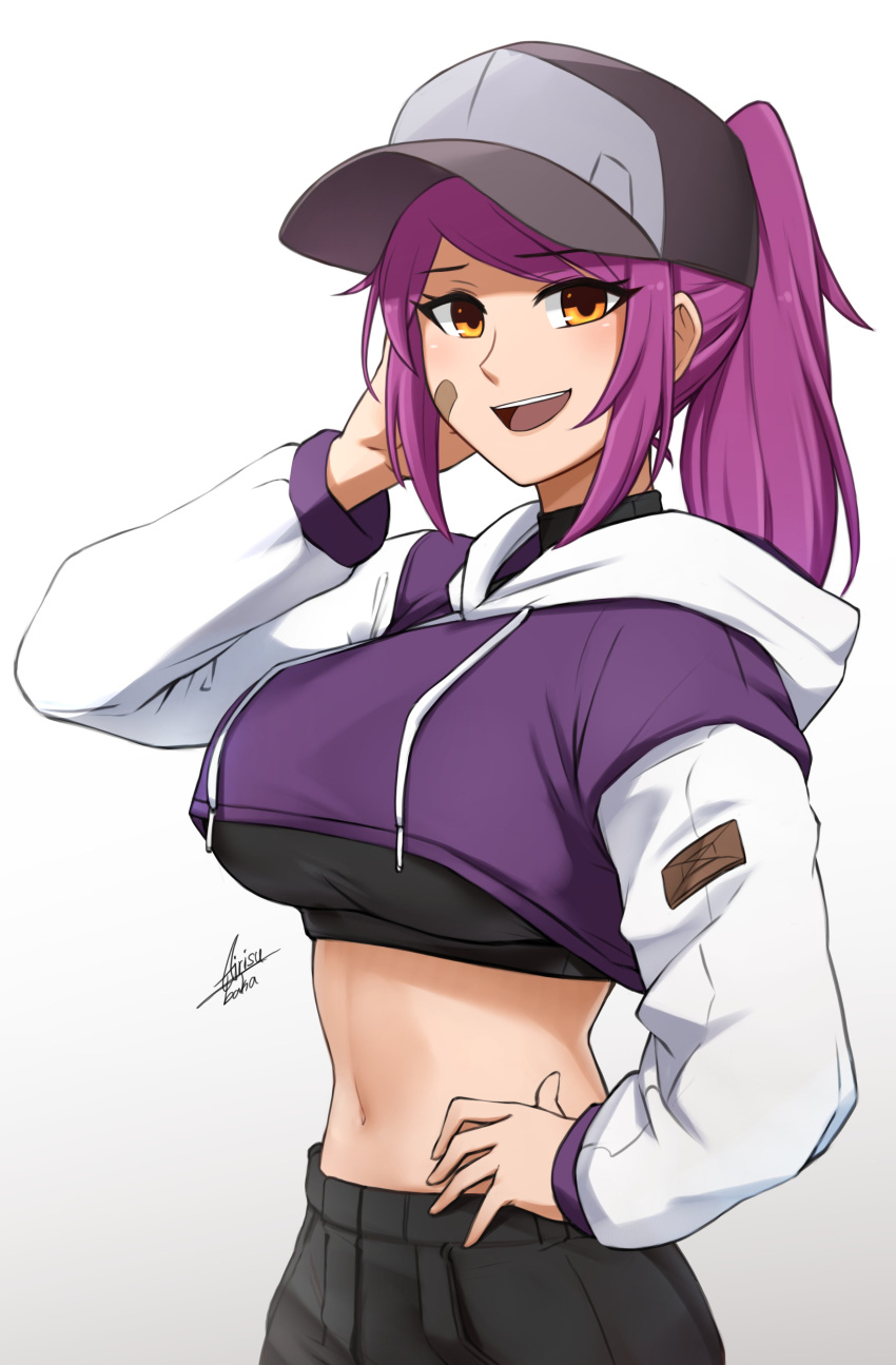 1girl, :d, absurdres, airisubaka, arm_behind_head, artist_name, bandaid, bandaid_on_cheek