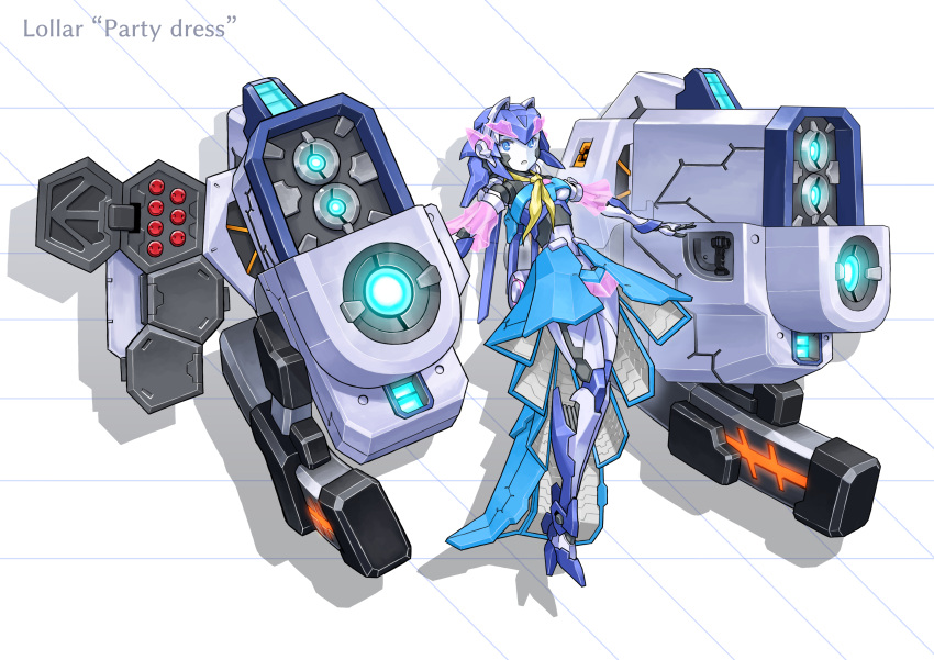 1girl, absurdres, android, blue_eyes, blue_skirt, cannon, final_gear, highres