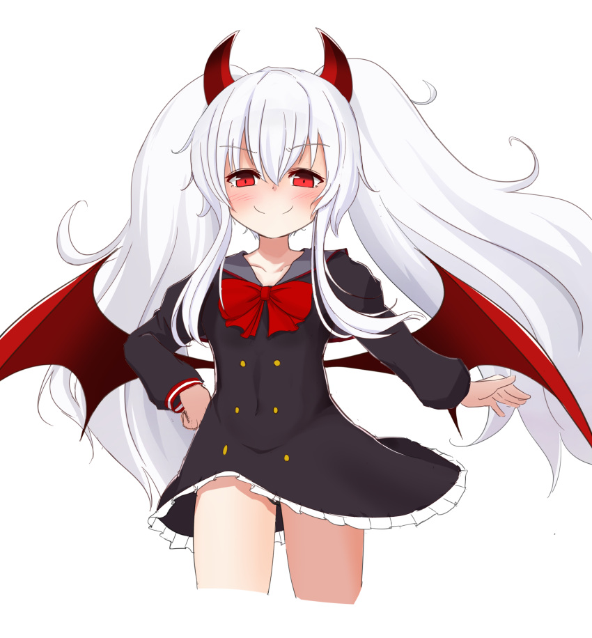 1girl, bangs, black_dress, bow, bowtie, closed_mouth, cowboy_shot, demon_girl