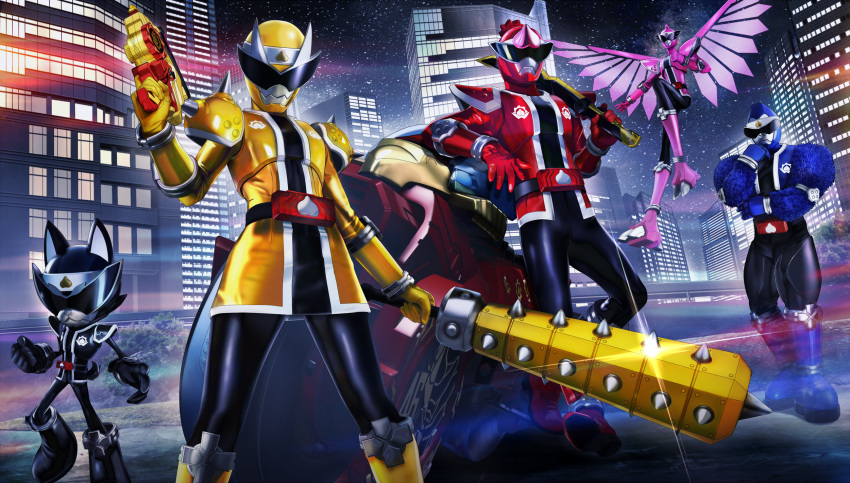 1girl, 4boys, avataro_sentai_donbrothers, clenched_hand, club_(weapon), donmomotarou, flying, gun