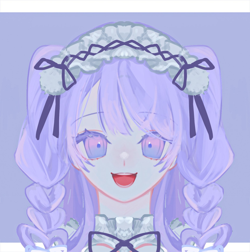 1girl, amiya_aranha, bangs, braid, dress, english_commentary, eyebrows_visible_through_hair, hairband, highres, joo_gumoon, lolita_hairband, looking_at_viewer, open_mouth, portrait, purple_background, purple_hair, smile, solo, tsunderia, twin_braids, violet_eyes, virtual_youtuber, white_dress