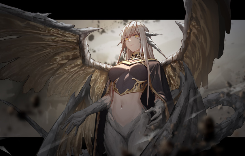 1girl, ancient_dragon_lansseax, aquila-n, black_shirt, bottomless, breasts, cape, collar, cropped_shirt, dragon_girl, dragon_horns, dragon_tail, dragon_wings, elden_ring, extra_horns, highres, horns, long_hair, looking_at_viewer, medium_breasts, multiple_wings, navel, personification, scales, shirt, slit_pupils, stomach, tail, white_hair, wings, yellow_eyes