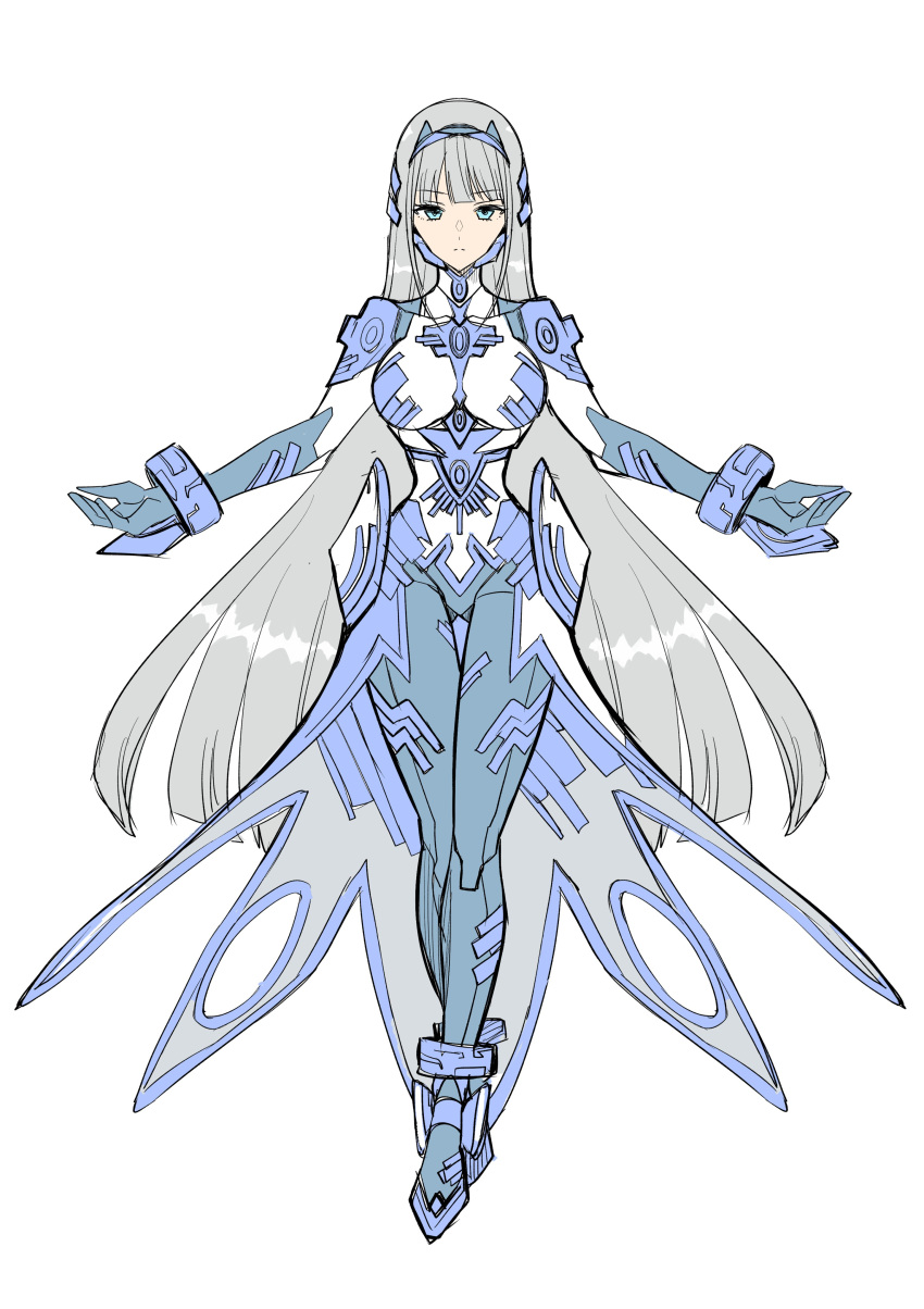 1girl, absurdres, black_gloves, blue_eyes, blue_hairband, bodysuit, breasts, eyebrows_visible_through_hair