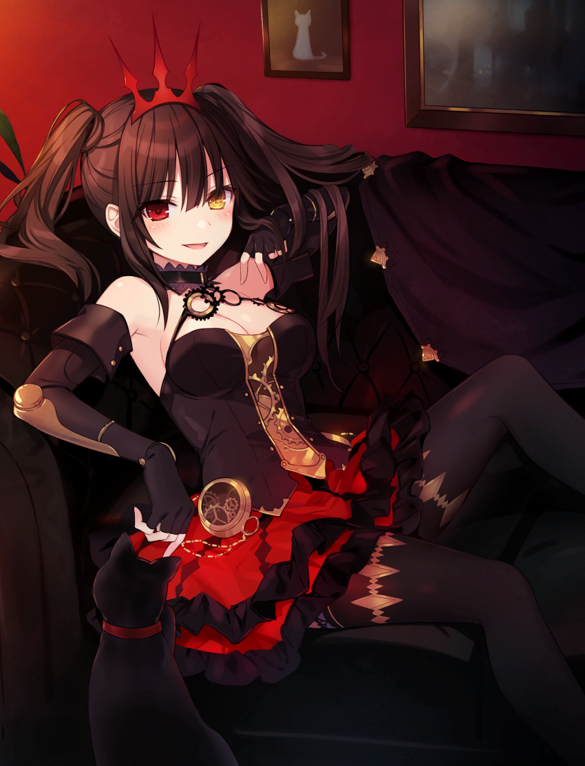 absurdres, asymmetrical_hair, black_hair, breasts, cat, clock, clock_eyes, crown_hair_ornament