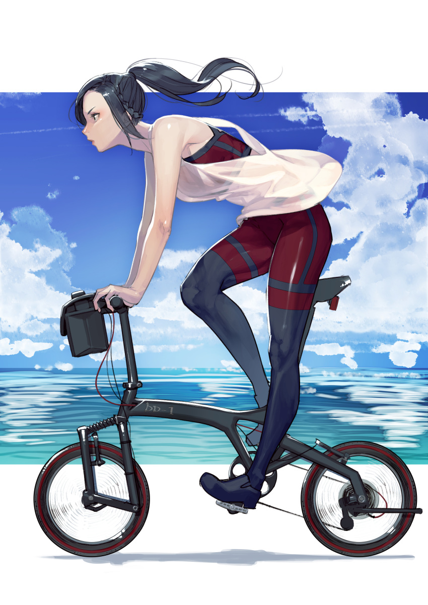 1girl, absurdres, bare_shoulders, bicycle, black_eyes, black_hair, blue_sky, braid