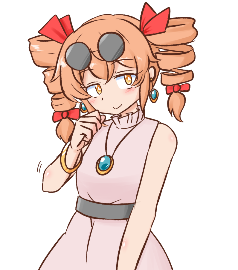 1girl, belt, dress, drill_hair, earrings, eyewear_on_head, gold, high_collar