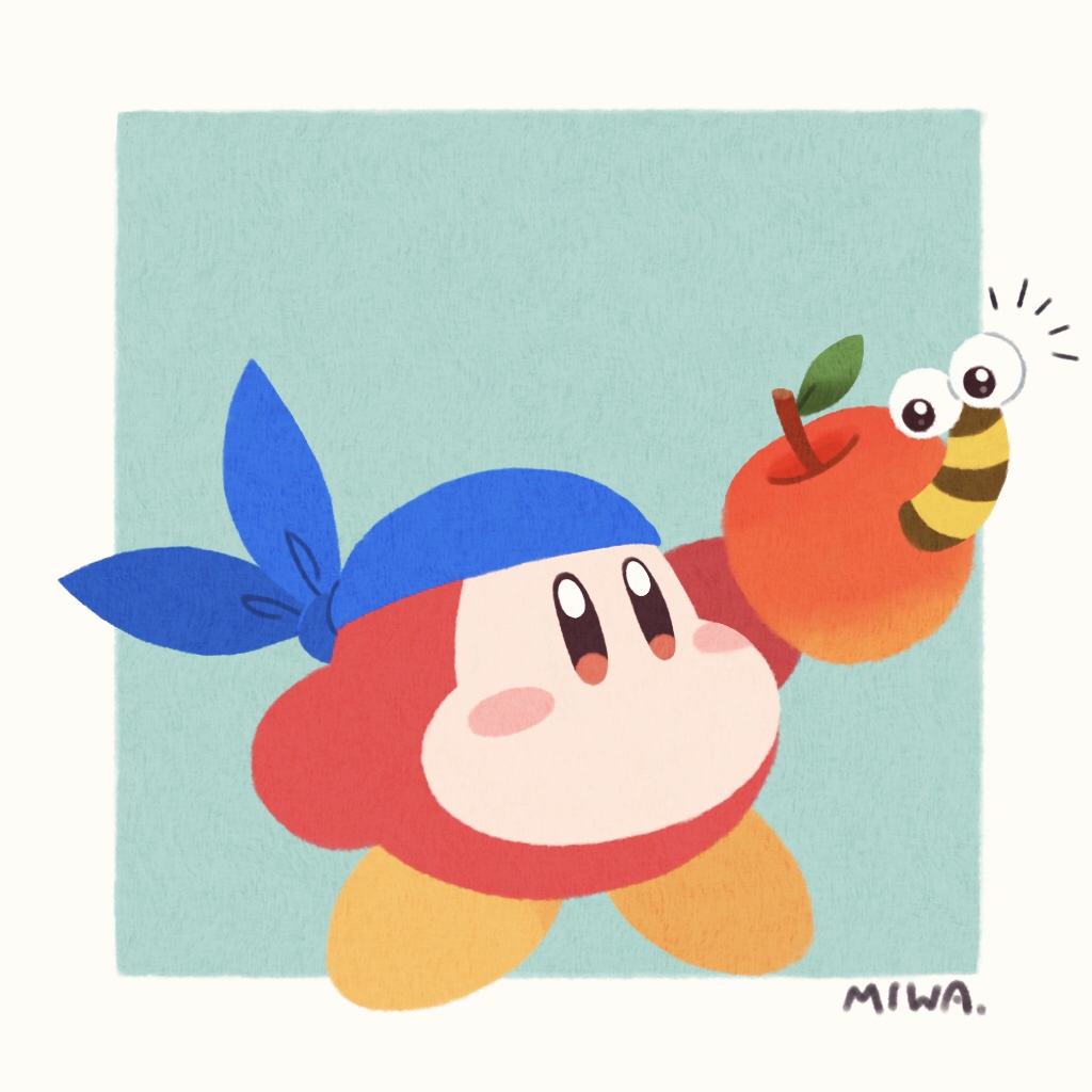 apple, arm_up, artist_name, bandana, bandana_waddle_dee, black_eyes, blue_background, blue_headwear