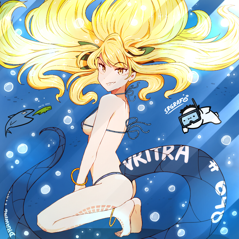 1girl, anklet, artist_name, bikini, blonde_hair, blue_bikini, bracelet, breasts, character_name, dragon_girl, dragon_tail, facial_mark, fate/grand_order, fate_(series), fish, jewelry, long_hair, medium_breasts, sharp_teeth, sideboob, smile, solo, srgrafo, swimsuit, tail, teeth, underwater, vritra_(fate), yellow_eyes