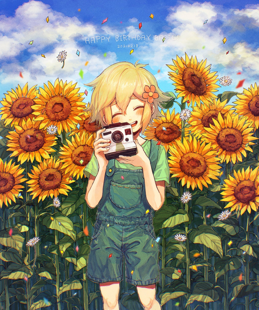 100momom, 1boy, bangs, basil_(omori), birthday, blonde_hair, blush, camera, commentary_request, daisy, dated, facing_viewer, feet_out_of_frame, flower, green_shirt, hair_flower, hair_ornament, happy_birthday, highres, holding, holding_camera, male_focus, omori, open_mouth, orange_flower, overalls, shirt, short_hair, smile, solo, sunflower, white_flower, yellow_flower