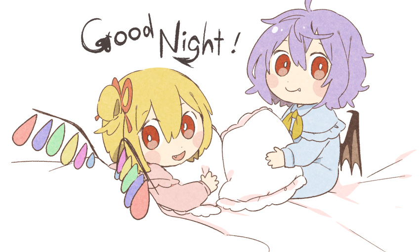 2girls, alternate_costume, bat_wings, bed, blanket, blonde_hair, blue_nightgown, blush_stickers