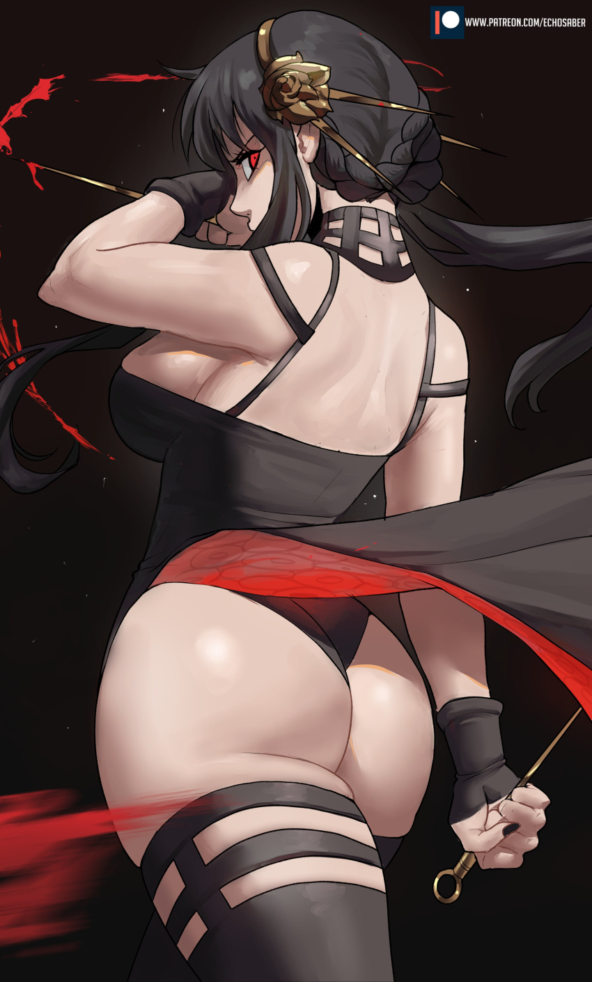 1girl, absurdres, ass, back, bare_shoulders, black_background, black_dress, black_hair
