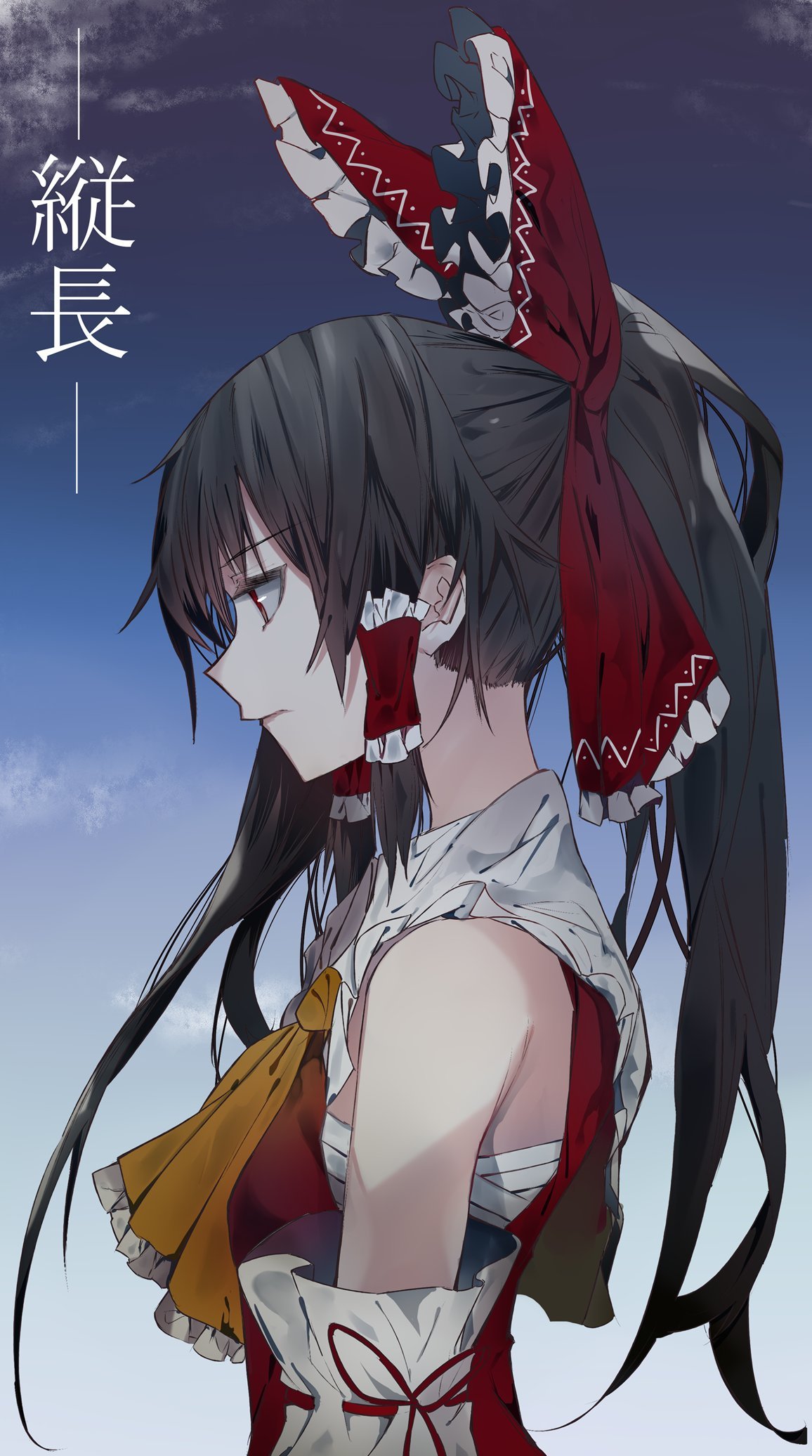 1girl, ascot, bandages, bangs, bare_shoulders, blue_sky, bow, breasts