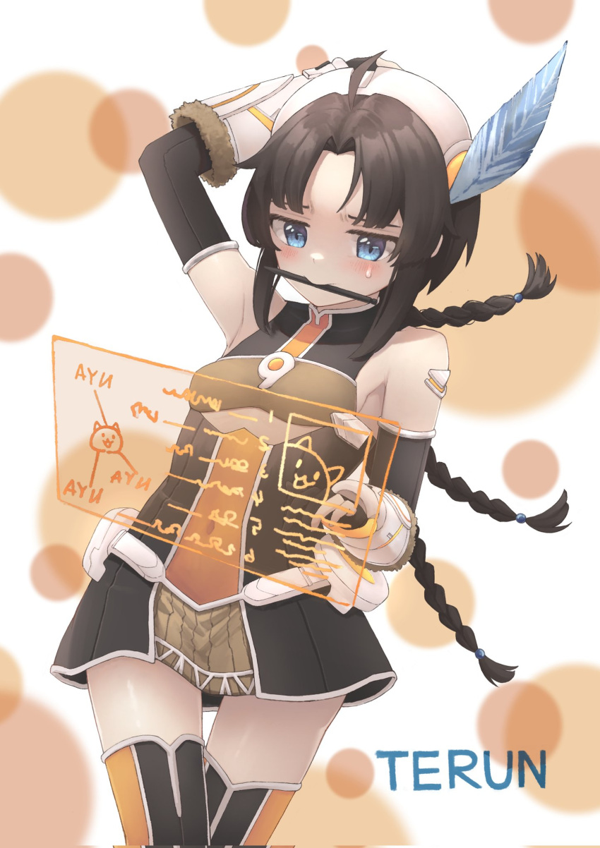 1girl, ahoge, armpits, black_hair, blue_eyes, blush, braid, breasts