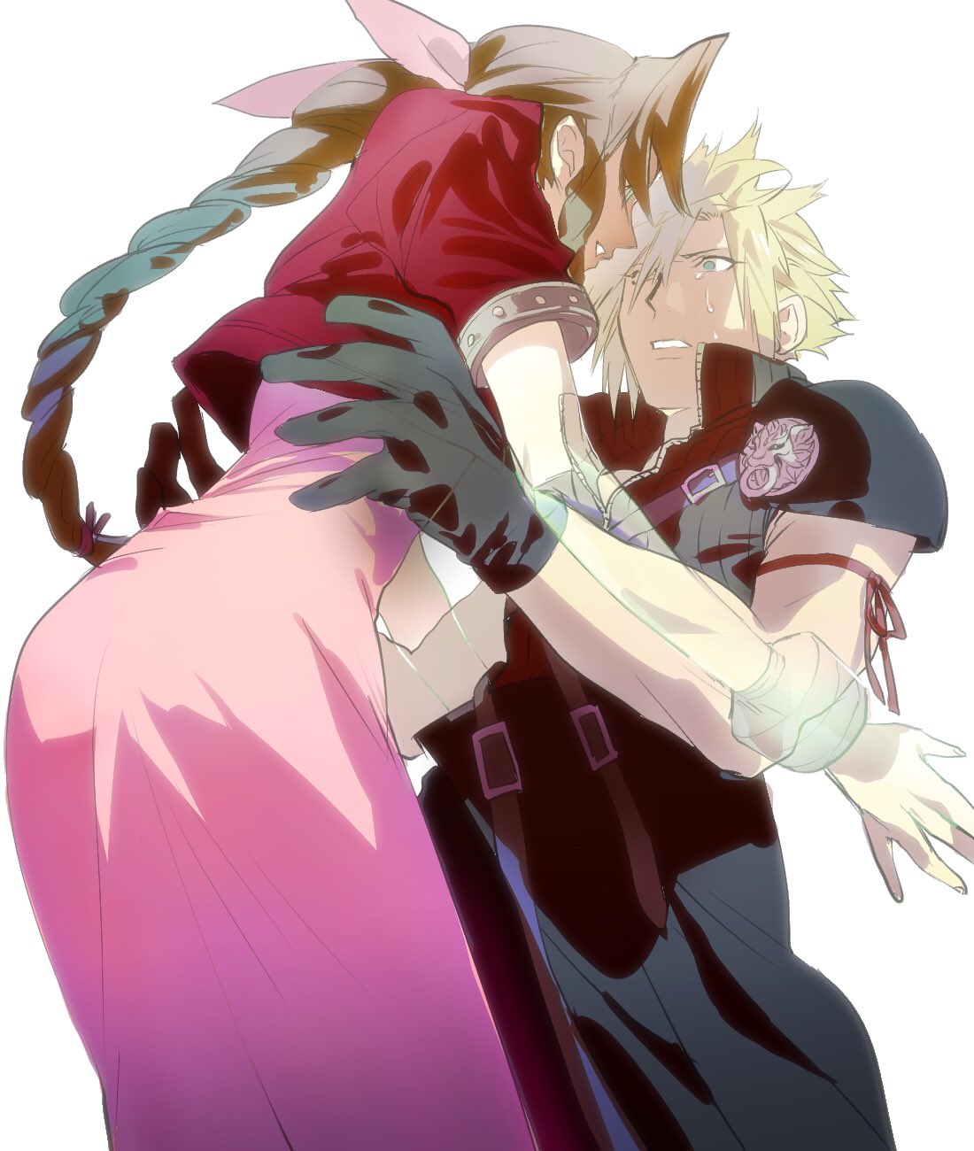 1boy, 1girl, aerith_gainsborough, arm_ribbon, armor, asymmetrical_hair, black_gloves, black_shirt