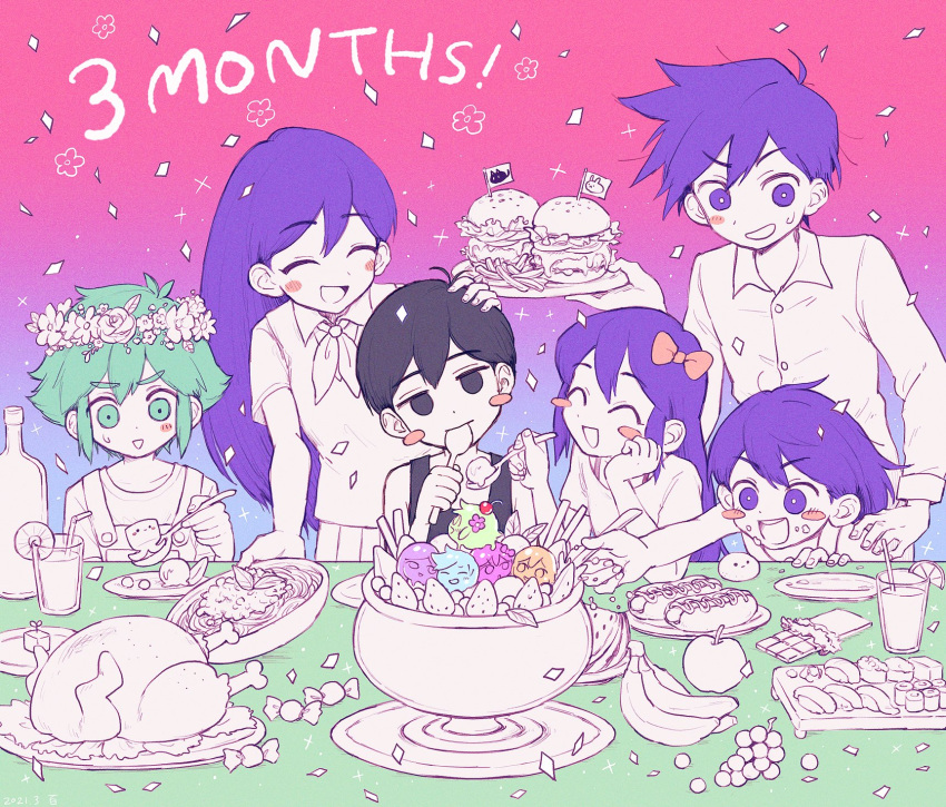 100momom, 2girls, 4boys, :d, apple, aubrey_(omori), banana, bangs, basil_(omori), black_eyes, black_hair, black_tank_top, blush_stickers, bow, bra_strap, burger, candy, chicken_(food), chocolate, chocolate_bar, collared_shirt, commentary, dress_shirt, flower_wreath, food, french_fries, fruit, grapes, green_eyes, green_hair, hair_bow, head_wreath, hector_(omori), hero_(omori), highres, kel_(omori), long_hair, mari_(omori), medium_hair, multiple_boys, multiple_girls, neckerchief, omori, omori_(omori), overalls, partially_colored, pink_bow, pleated_skirt, purple_hair, rock, shirt, short_hair, skirt, smile, strawberry, sushi, tank_top, violet_eyes, watermelon_slice