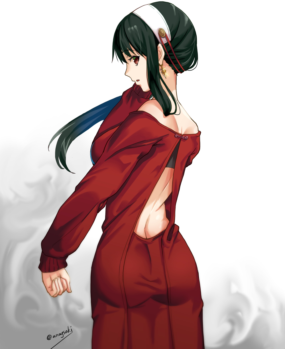 1girl, aona_(anagasaki), ass, back_cutout, bare_shoulders, black_hair, butt_crack, clenched_hand
