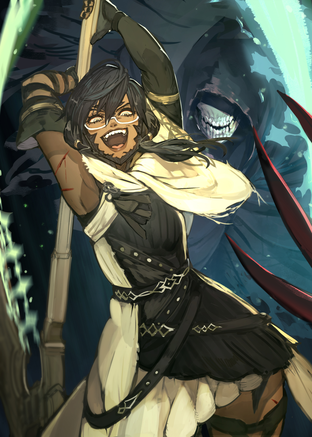 1girl, armpits, arms_up, au_ra, avatar_(ff14), bangs, black_hair, black_horns