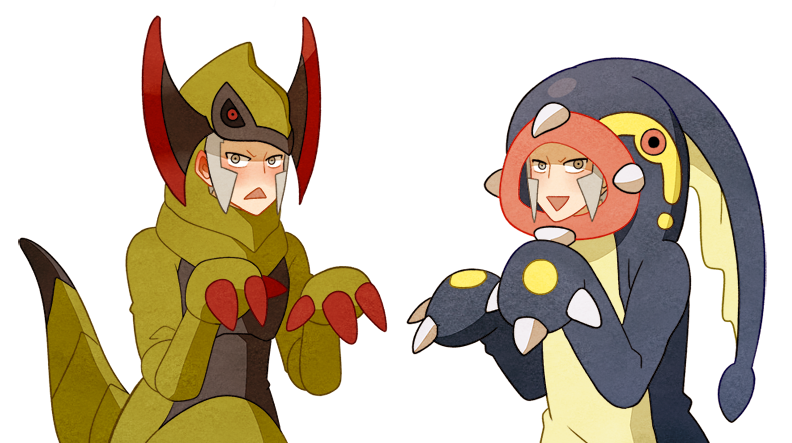 2boys, blush, brothers, cosplay, eelektross, eelektross_(cosplay), emmet_(pokemon), grey_eyes, grey_hair, hands_up, haxorus, haxorus_(cosplay), ingo_(pokemon), jaho, long_sideburns, looking_at_viewer, male_focus, multiple_boys, open_mouth, pokemon, pokemon_(game), pokemon_bw, short_hair, siblings, sideburns, simple_background, smile, white_background
