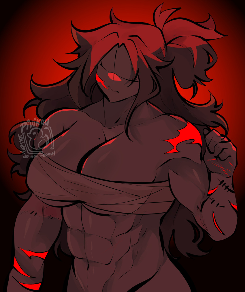 1girl, abs, absurdres, arm_up, artist_name, backlighting, bandages, black_background, bottomless, breasts, chest_sarashi, collarbone, colored_skin, english_commentary, expressionless, facial_mark, gradient, gradient_background, grey_hair, grey_skin, half_updo, head_tilt, highres, large_breasts, long_hair, madness_combat, mature_female, mole, mole_on_breast, muscular, muscular_female, navel, no_eyes, piyik, red_background, sarashi, scar, scar_on_arm, scar_on_cheek, scar_on_face, scar_on_hand, simple_background, solo, upper_body, white_hank