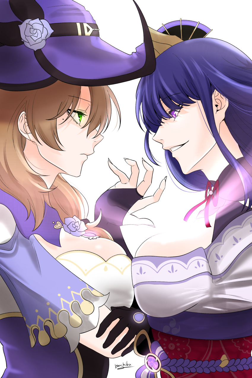 2girls, absurdres, breast_press, brown_hair, cleavage_cutout, clothing_cutout, flower, genshin_impact, green_eyes, hair_ornament, hat, highres, japanese_clothes, lisa_(genshin_impact), mole, multiple_girls, obi, purple_flower, purple_hair, raiden_shogun, sash, smirk, symmetrical_docking, violet_eyes, vision_(genshin_impact), witch_hat, yuushiba
