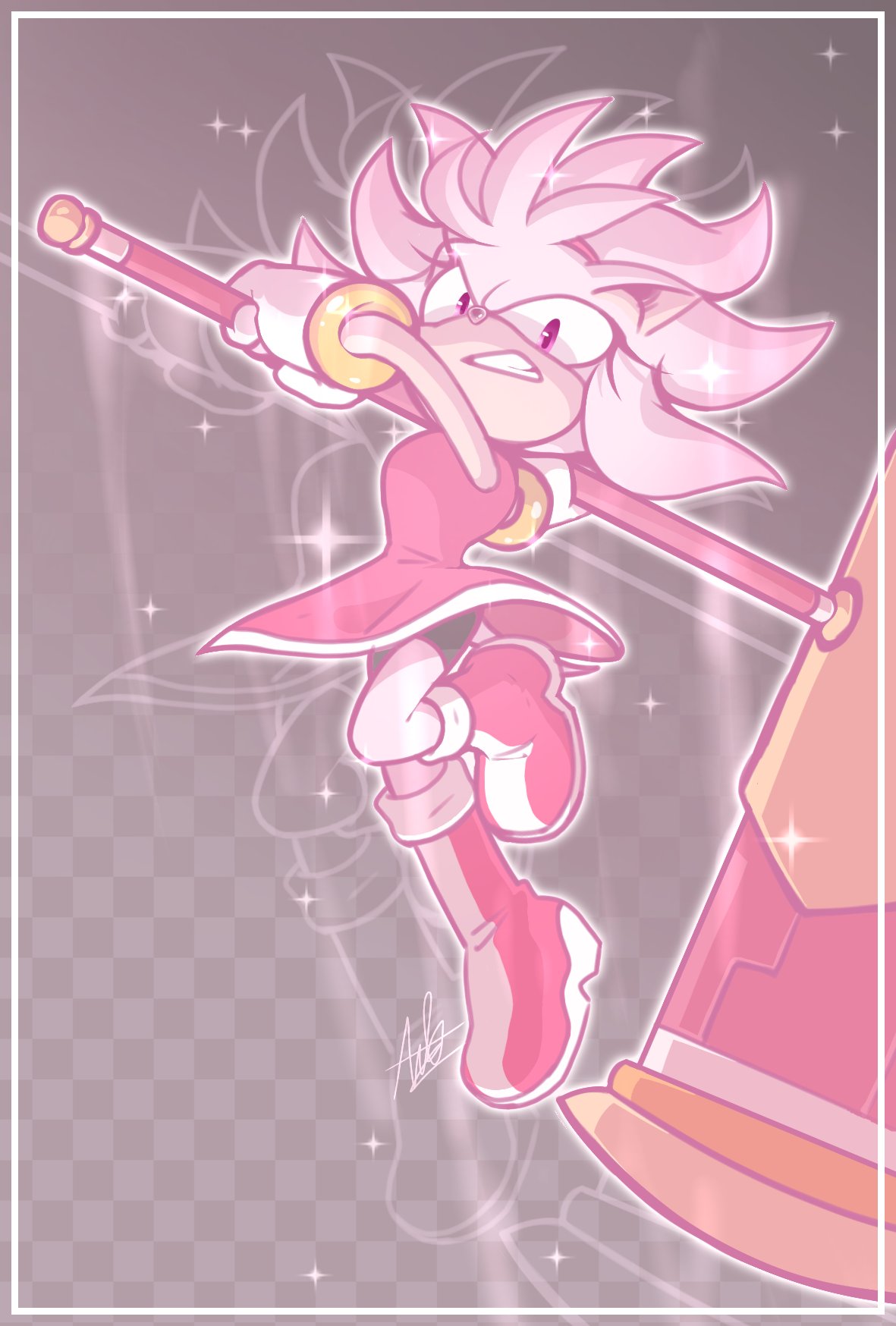 1girl, amy_rose, angry, anhminh_vo, animal_ears, animal_nose, arms_up, artist_name, bangs, bike_shorts, boots, border, breasts, checkered_background, clenched_teeth, commentary, dress, english_commentary, engrish_commentary, full_body, furry, furry_female, gloves, gradient, gradient_background, hammer, highres, holding, holding_hammer, huge_weapon, jumping, knee_boots, leg_up, looking_at_viewer, medium_hair, motion_lines, outline, pink_eyes, pink_hair, red_dress, red_footwear, short_dress, sideways_mouth, signature, simple_background, sleeveless, sleeveless_dress, small_breasts, solo, sonic_(series), sparkle, tail, teeth, v-shaped_eyebrows, weapon, white_border, white_gloves, white_outline