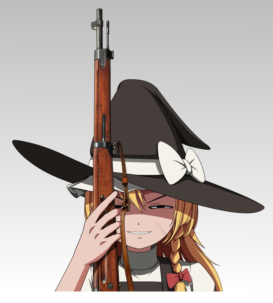 1girl, bangs, black_eyes, black_headwear, black_vest, bow, braid, commentary_request, cookie_(touhou), golden_kamuy, grey_background, grin, gun, hair_between_eyes, hair_bow, hat, hat_bow, holding, holding_gun, holding_weapon, kirisame_marisa, long_hair, looking_at_viewer, ogata_hyakunosuke, ponkotsu_ryodan, red_bow, rifle, scar, scar_on_cheek, scar_on_face, shaded_face, shirt, side_braid, single_braid, smile, solo, suzu_(cookie), touhou, unusually_open_eyes, upper_body, vest, weapon, white_bow, white_shirt, witch_hat