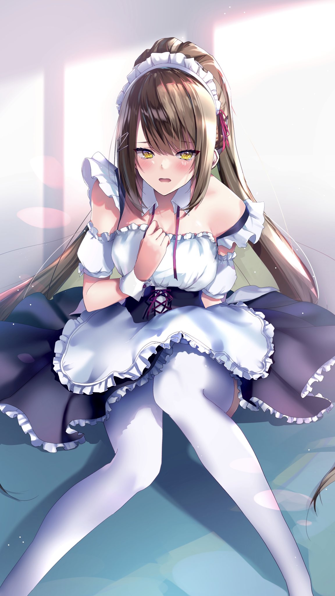 1girl, apron, asymmetrical_bangs, bangs, bare_shoulders, blush, breasts, brown_hair